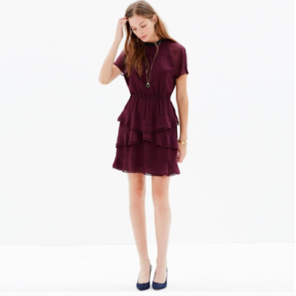 Madewell Radiant Plum Purple Sheer Sleeved Ruffle Cocktail Mini Dress Size 0